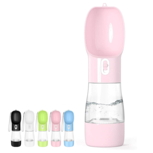 Portable Dog Water Bottle - Leak Proof Dog Water Dispenser with Bowl & Food Container, Dishwasher Safe Food Grade Plastic for Pet Puppy Outdoor Walking Hiking Travel Pink