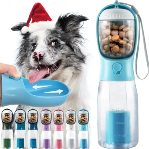 Portable Water Bottle for Dogs, 3 in 1 Pet Travel Bowl Dispenser with Food Treat Container & Poop Bag Holder, Summer Outdoor Walking Hiking Accessories for Large Dog On The Go - Blue, 20oz