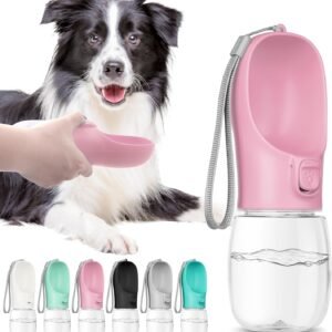 Portable Dog Water Bottle with Bowl, Leak Proof, Convenient for Walking, Hiking and Camping (Pink, 12oz)